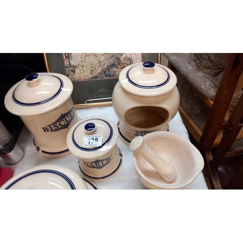 138 - A quantity of matching kitchen pottery including cheese dish, salt, etc Marked Victoria pottery on b... 