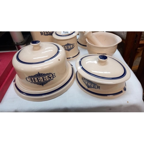 138 - A quantity of matching kitchen pottery including cheese dish, salt, etc Marked Victoria pottery on b... 