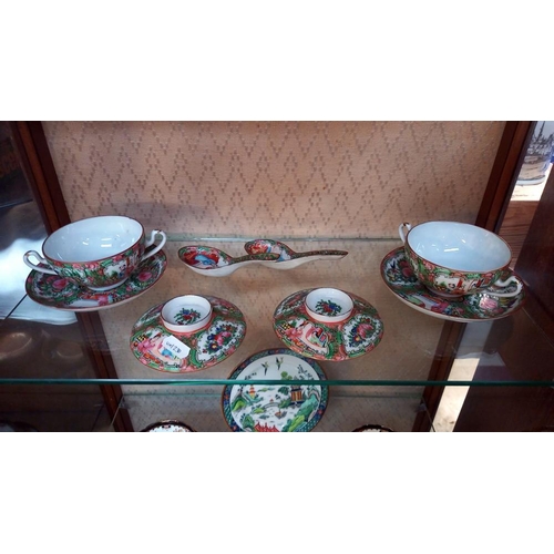 145 - A Tiffany & Co plate, 2 Chinese famile rose soup bowls with spoons and lids and 2 cups and saucers