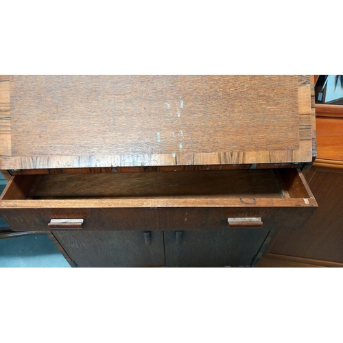 147 - A 1930/50's oak bureau with cross banding inlay COLLECT ONLY