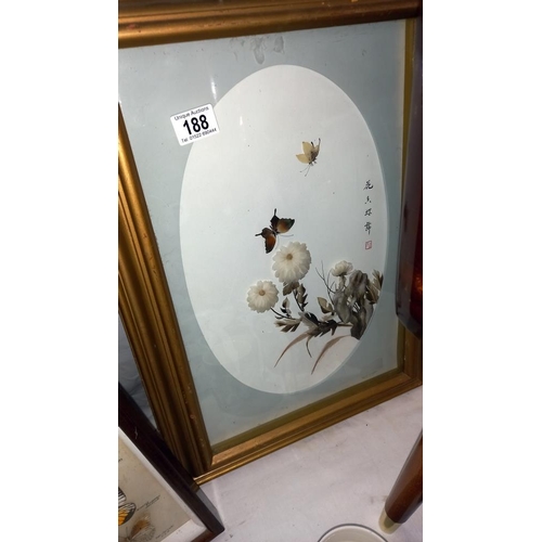 188 - A framed and glazed Chinese study of chrysanthemums and butterflies and a framed and glazed set of 6... 