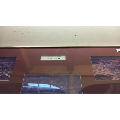 274 - A framed photo diorama of various stages of Heathrow airport & a pair of aircraft navigation bats, C... 