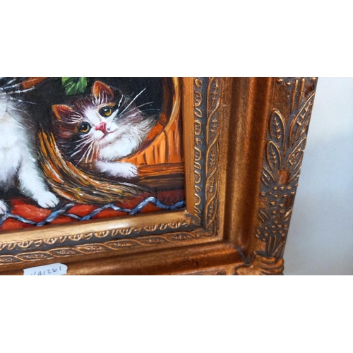 277 - An oil on board of cat in gilt wood frame, image 11.5cm x 16cm, frame 30cm x 26cm