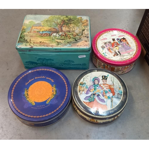 280 - A large box of old tins including Mackintosh, state express cigarettes etc