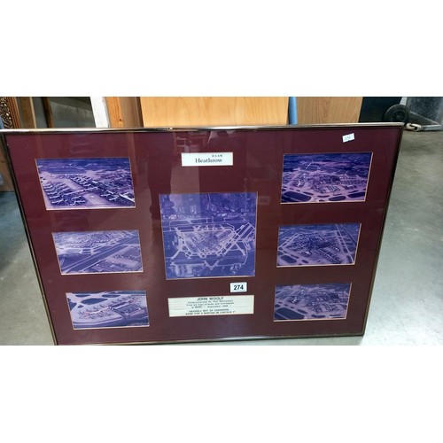 274 - A framed photo diorama of various stages of Heathrow airport & a pair of aircraft navigation bats, C... 