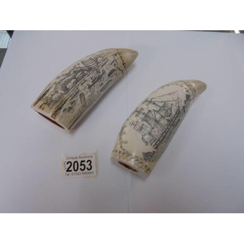 2053 - Two replica scrimshaws depicting sailing vessels.