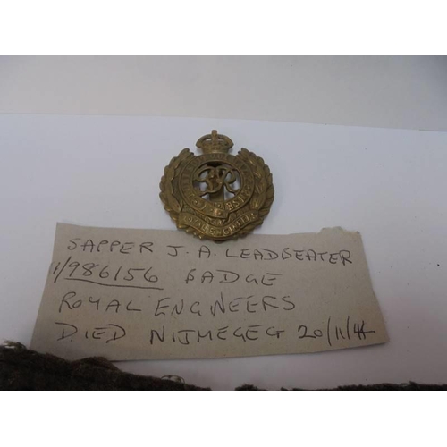 2064 - A collection of military items relating to Sapper J A Leadbetter 1/986156, Royal Engineers, died Nij... 