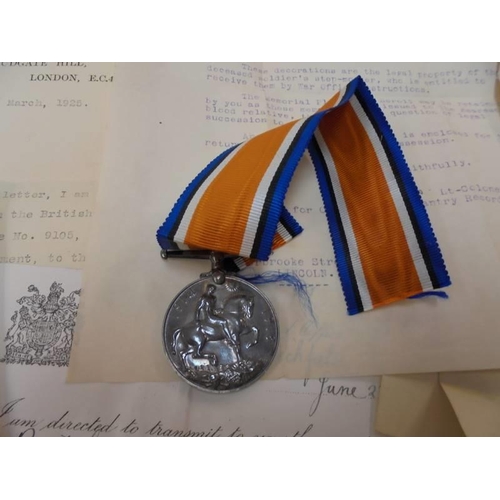 2070 - A WW1 medal for 9205 Pte C Pratt Leicester Regiment with associated paperwork.