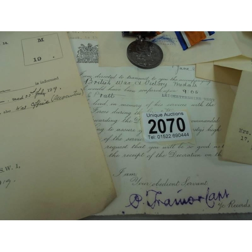 2070 - A WW1 medal for 9205 Pte C Pratt Leicester Regiment with associated paperwork.