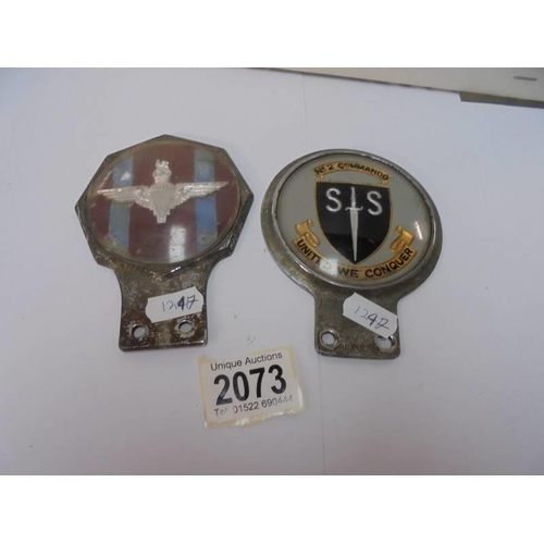 2073 - Two vintage military car badges - Parachute Regiment adn No.2 Commando.