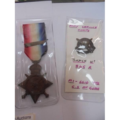 2129 - Three WW1 medals and an army service corps badge No. 845A - M1-6166 Pte C S McGuire.