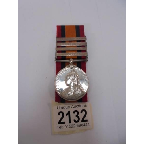 2132 - A Victorian South Africa medal with bars for 369 Pte E J Pearce, Imperial Light Infantry.