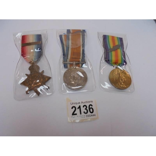 2136 - Three WW1 medals for 9533 Sgt A W Newberry, Dorset Regiment.