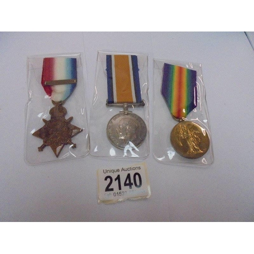 2140 - Three WW1 medals for 6322 Pte A Elvin, Suffolk Regiment.