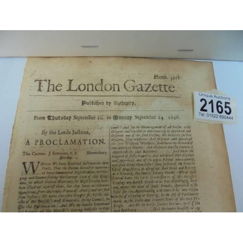 2165 - A copy of The London Gazette dated 10-14 Sept, 1696.