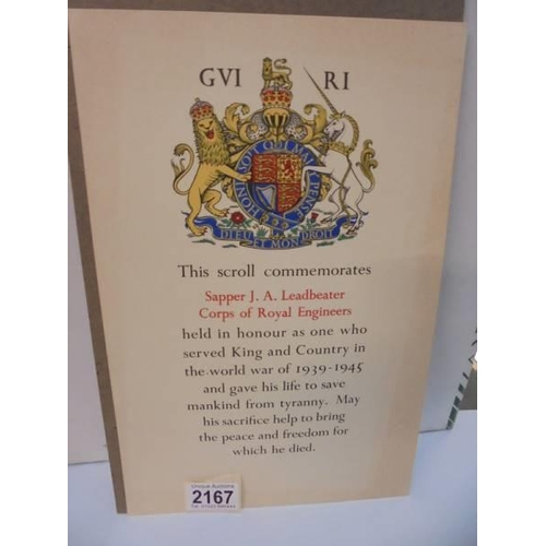 2167 - A memorial scroll to Sapper J A Leadbeater, Corps of Royal Engineers, George VI.