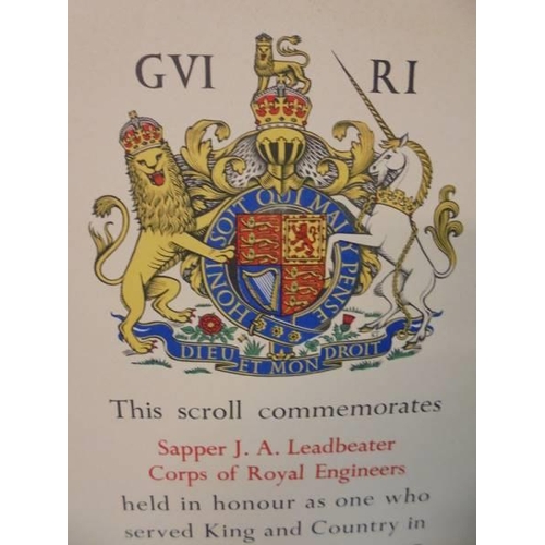 2167 - A memorial scroll to Sapper J A Leadbeater, Corps of Royal Engineers, George VI.