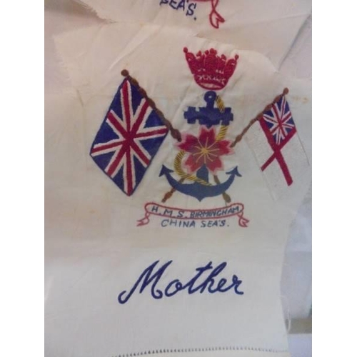 2170 - Two HMS Birmingham China seas embroideries, A Royal Engineer's embroidered Handkerchief and a 1937 c... 