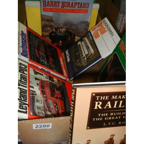 2280 - A box of books on transport - railways, buses, steam etc., and a collection of bus tickets.