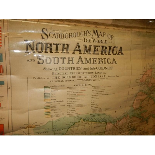 2323 - A large wall map of North and South America 102 x 95 cm, in distressed state.