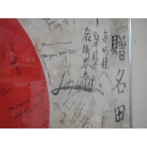 2355 - An original framed and glazed Japanese flag from end of WW2 with signatures of Japanese and USA gene... 