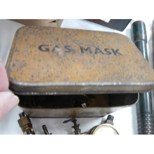 2378 - An old metal gas mask case containing gauges etc.,