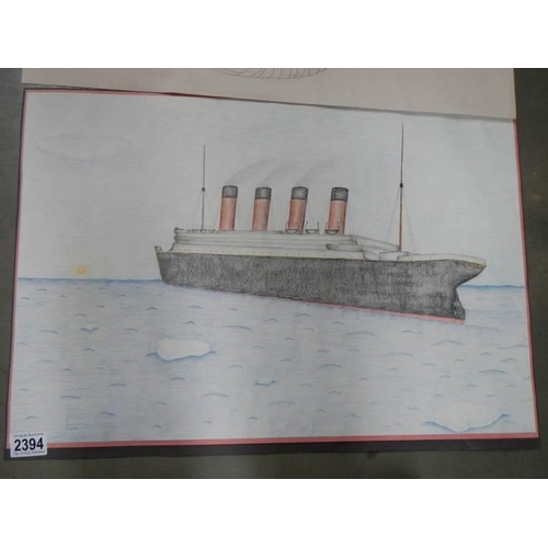 2394 - Three drawings - Ship, Shoes, Sword.