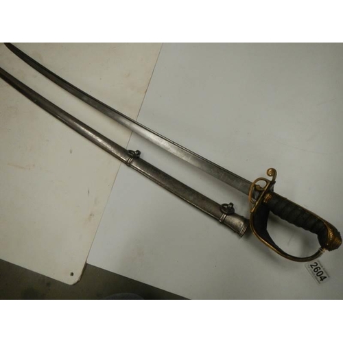 2604 - An early sword with brass hilt and steel scabbard. COLLECT ONLY.