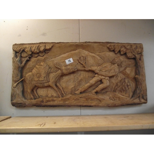 16 - A large wooden carving of a man pulling a stubborn mule 72cm x 34cm - COLLECT ONLY