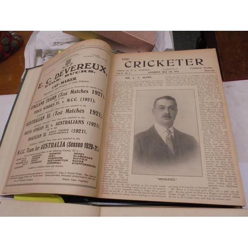 1185 - Two volumes of 'The Cricketer' - Vol. 2 April-Sept 1922 and Vol. 4 May 1923 - april 1925.