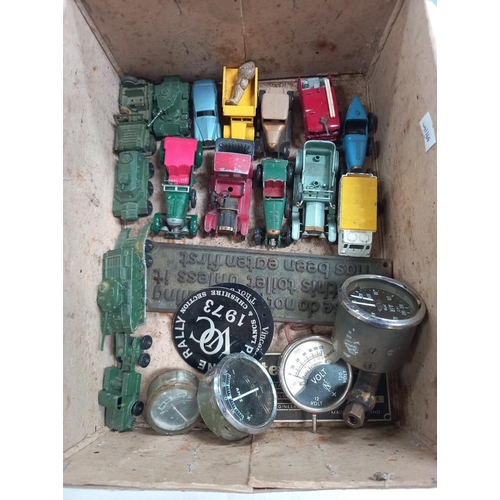 195 - A box of old military die cast & other die cast, gauges & plaque etc.