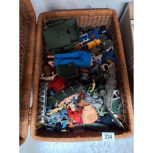 234 - A large basket of vintage toys, mainly plastic soldiers including cowboys etc. COLLECT ONLY