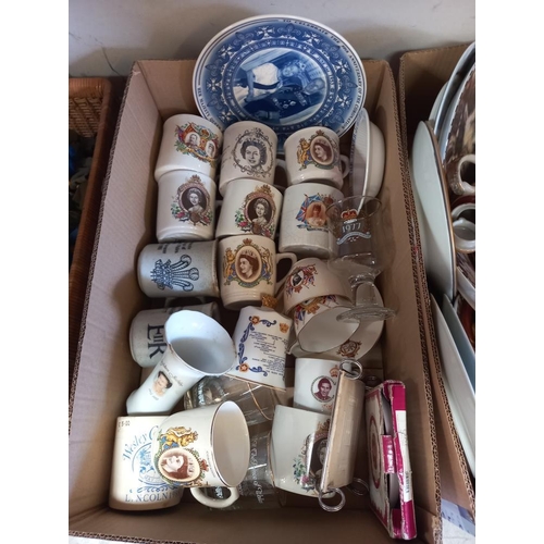 235 - 2 boxes of Royal Commemorative china etc. Including Japanese tea set (missing 1 lid) & collection of... 