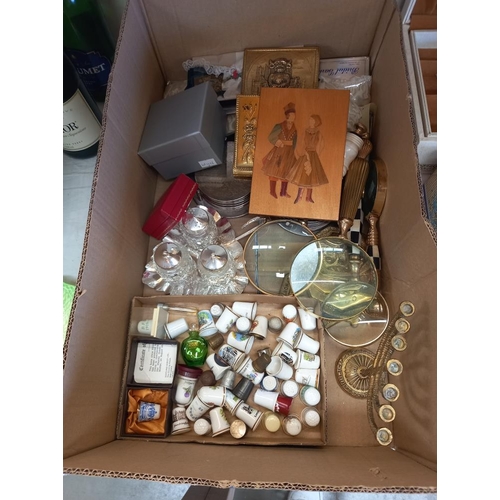 259 - A good box of miscellaneous including thimbles, magnifying glasses, brass Lincoln Imp letter rack  &... 