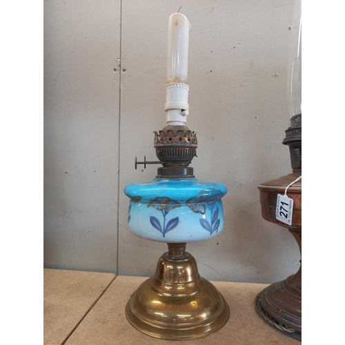 271 - A Victorian oil lamp with painted blue glass font & Aladdin paraffin lamp COLLECT ONLY