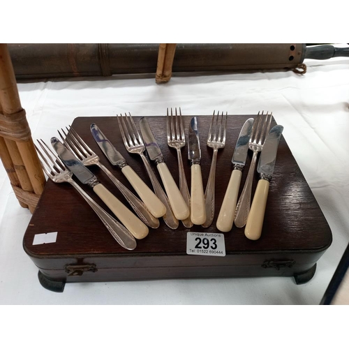 293 - 2 cased fish cutlery sets, a set of knives & forks & an empty cutlery box