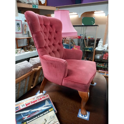 320 - A pink Draylon deep buttoned nursing chair on Queen Anne legs COLLECT ONLY