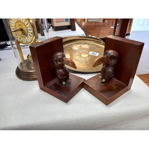 362 - 2 Indian brass trays, Anniversary clock under dome & pair of bird book ends COLLECT ONLY