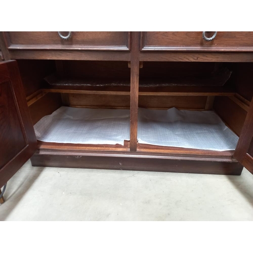 379 - A dark oak bureau bookcase drinks cabinet with drapery front COLLECT ONLY