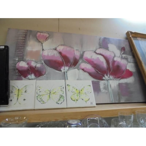 23 - A large floral study on canvas and three smaller butterfly prints on canvas, COLLECT ONLY.