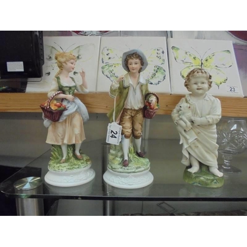 24 - A pair of continental bisque figures and another of a toddler with dog.