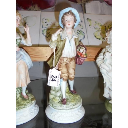 24 - A pair of continental bisque figures and another of a toddler with dog.