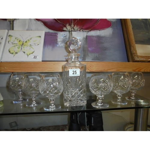 25 - A cut glass decanter and six cut glass brandy goblets, COLLECT ONLY.