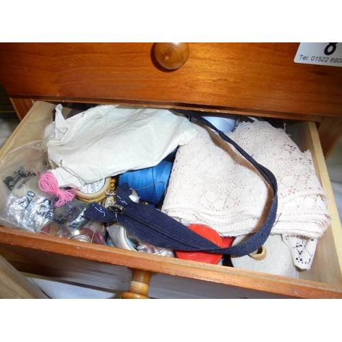 8 - A two drawer sewing box with contents, tin of buttons etc., COLLECT ONLY.