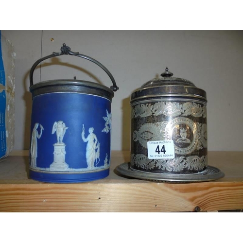 44 - A Jasper ware biscuit barrel and a silver plate biscuit barrel.