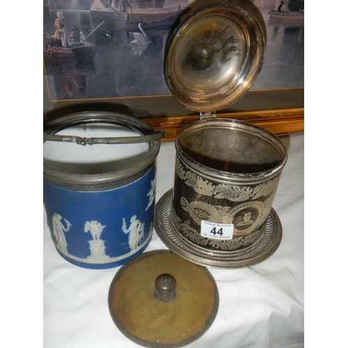 44 - A Jasper ware biscuit barrel and a silver plate biscuit barrel.