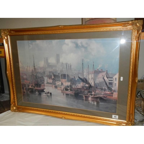 45 - A gilt framed and glazed print of Lincoln from the Brayford signed J W Carmichael 1858, 100 x 70 cm,... 