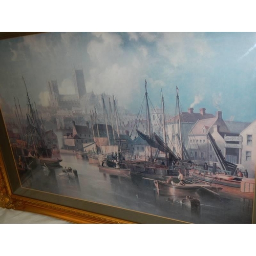 45 - A gilt framed and glazed print of Lincoln from the Brayford signed J W Carmichael 1858, 100 x 70 cm,... 