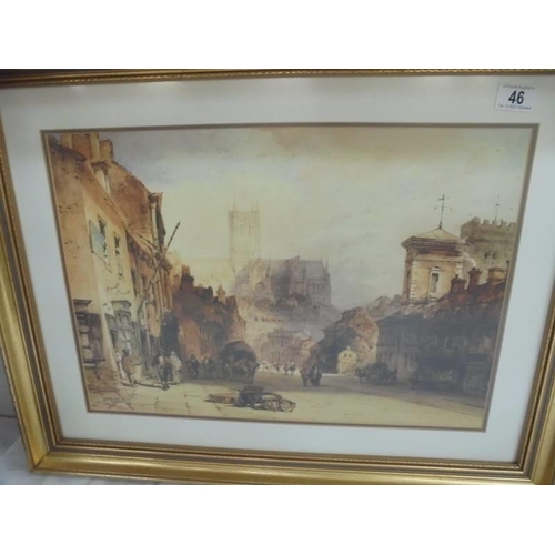 46 - A gilt framed and glazed print of Lincoln from bottom of steep hill, 72 x 55 cm, COLLECT ONLY.