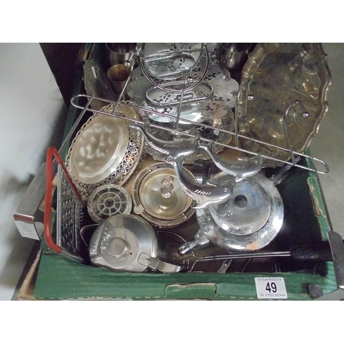 49 - A box of silver plate and other metal ware.